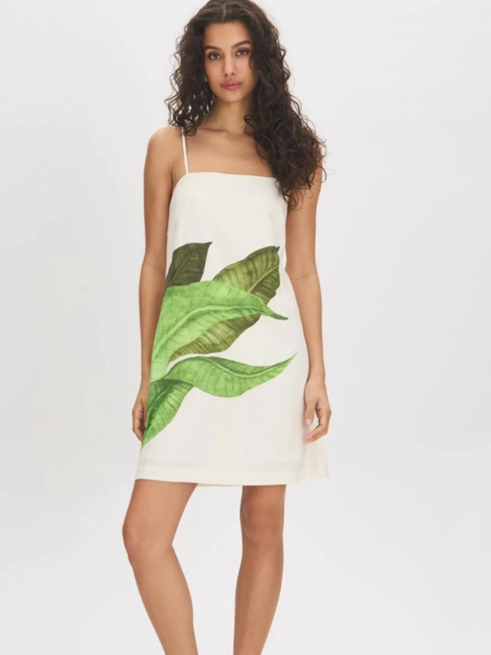 H&M edition off white linen blend mini dress with large leaf print. Size small